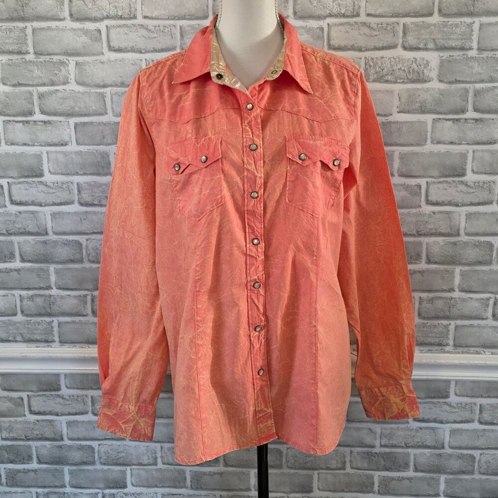Cruel Denim Pearl Snap Western Shirt Coral Acid Wash Marble Cotton XXL